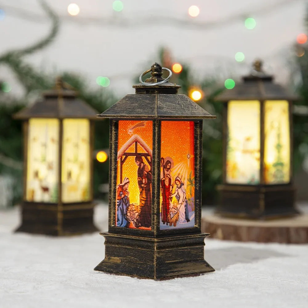 Christmas portable oil lamp with Santa Claus design, plastic construction, battery powered LED light for indoor outdoor hanging decoration