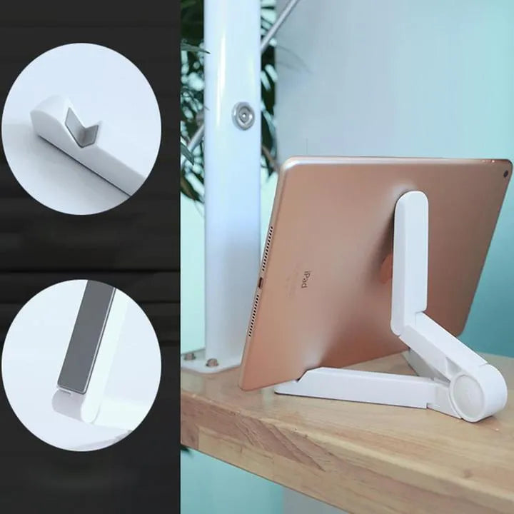 Foldable tablet holder shown in black with smartphone mounted in landscape orientation