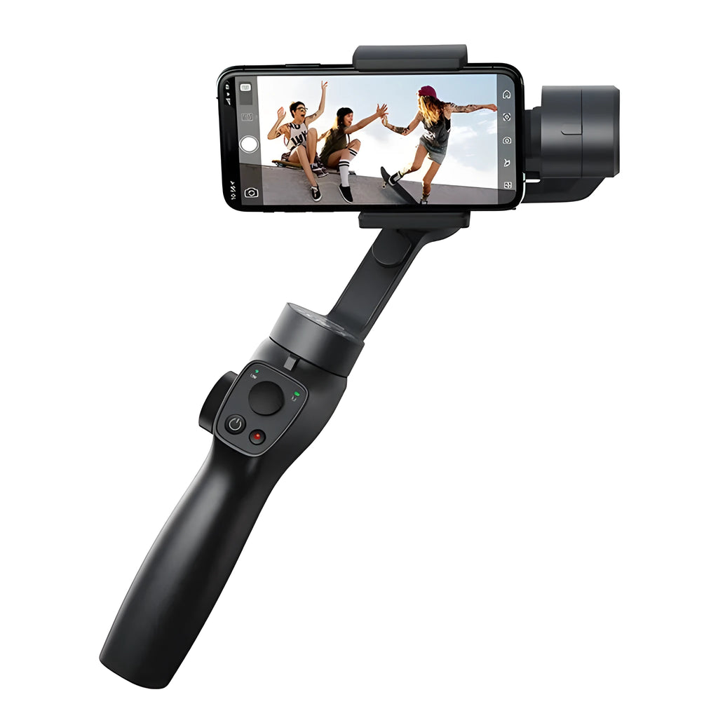 Black handheld three-axis stabiliser for mobile phones with ABS+PC frame and clamp open for a smartphone