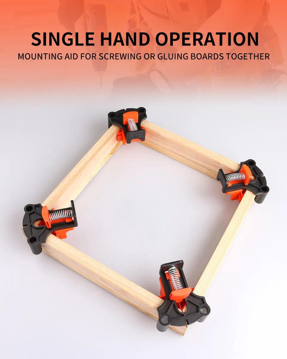 Set of plastic 90-degree right angle clips for picture frame assembly using woodworking clamps