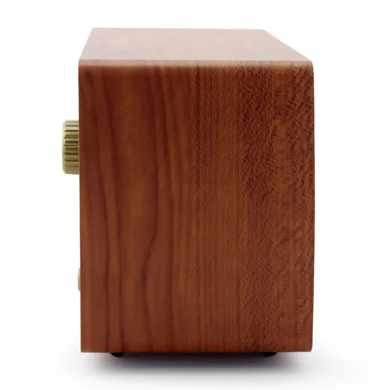R08 wooden retro Bluetooth radio in dark brown finish with AM FM dial and tone controls