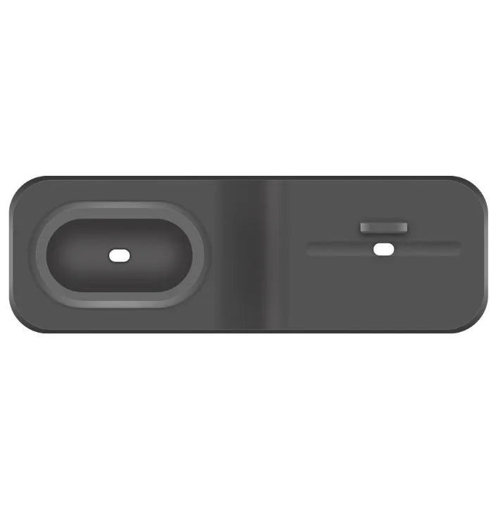Black silicone 3-in-1 charging base for iPhone, iWatch, and AirPods on a plain surface