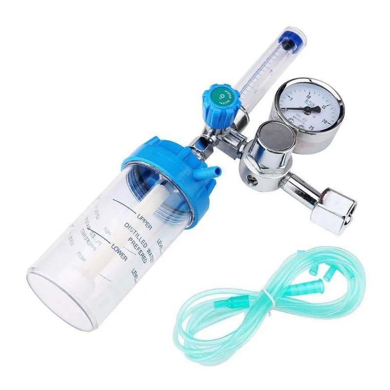 Blue oxygen cylinder pressure reducer with gauge and outlet for oxygen supply systems