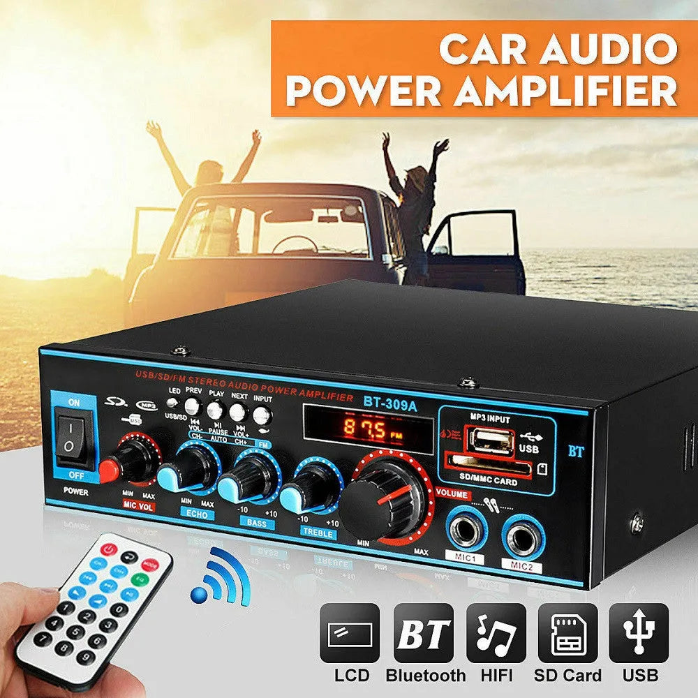 Black Bluetooth power amplifier with dual 220V/12V operation for home and car audio systems