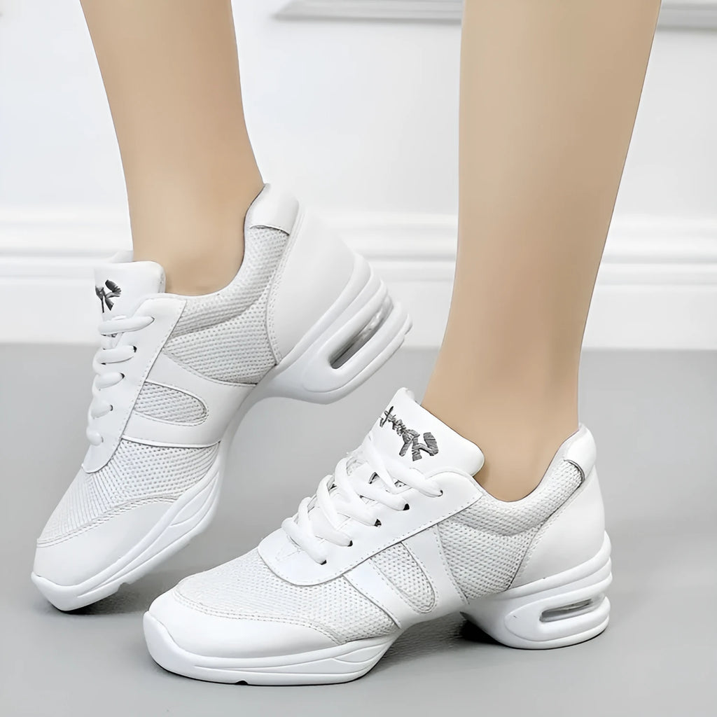 Modern women white dancing shoes with breathable mesh upper and lightweight polyurethane sole