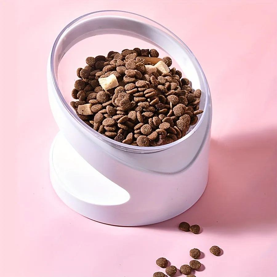 White elevated clear cat food bowl with anti-vomit tilt design