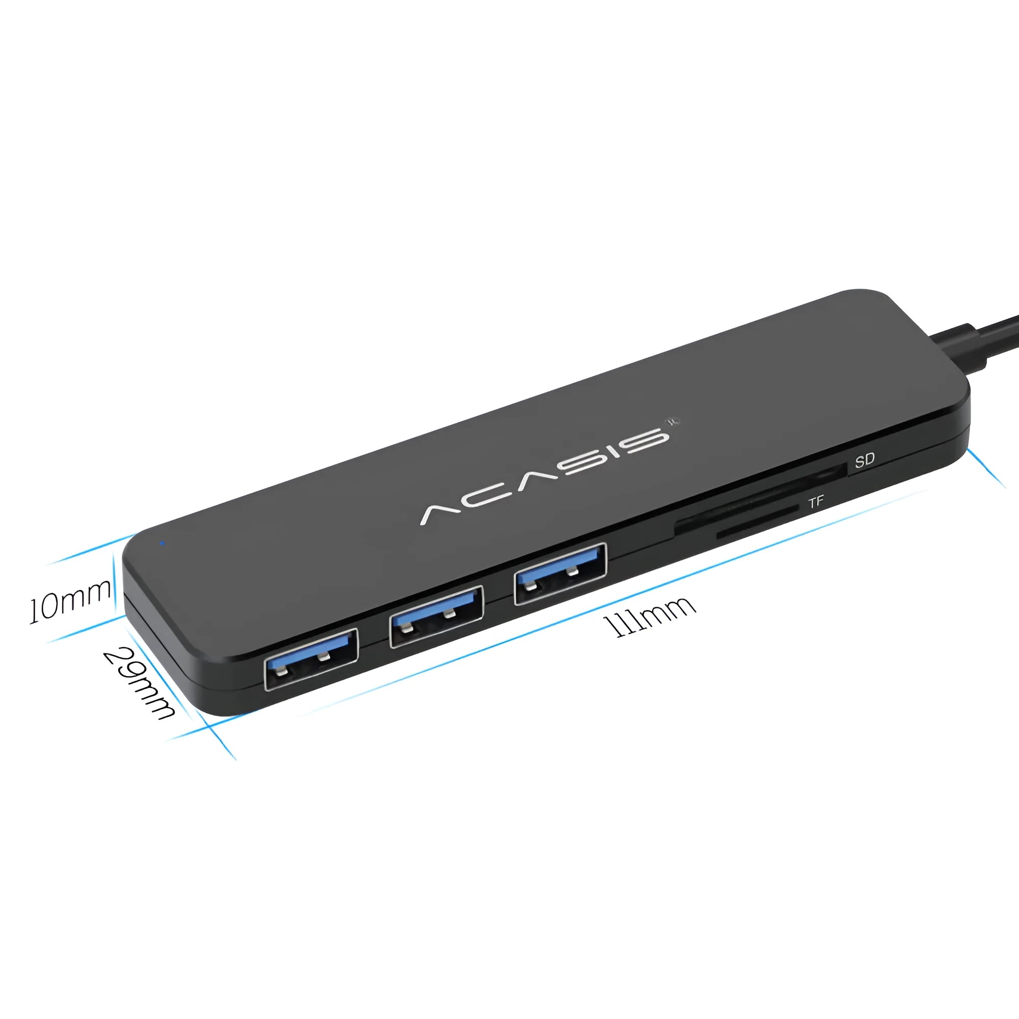 Black USB 2.0 and 3.0 hub card reader with 5 Gbps speed and 20cm cable