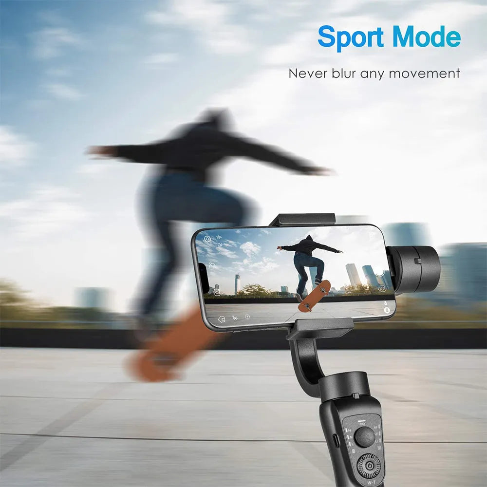 Black three-axis handheld mobile phone gimbal stabilizer with compact design
