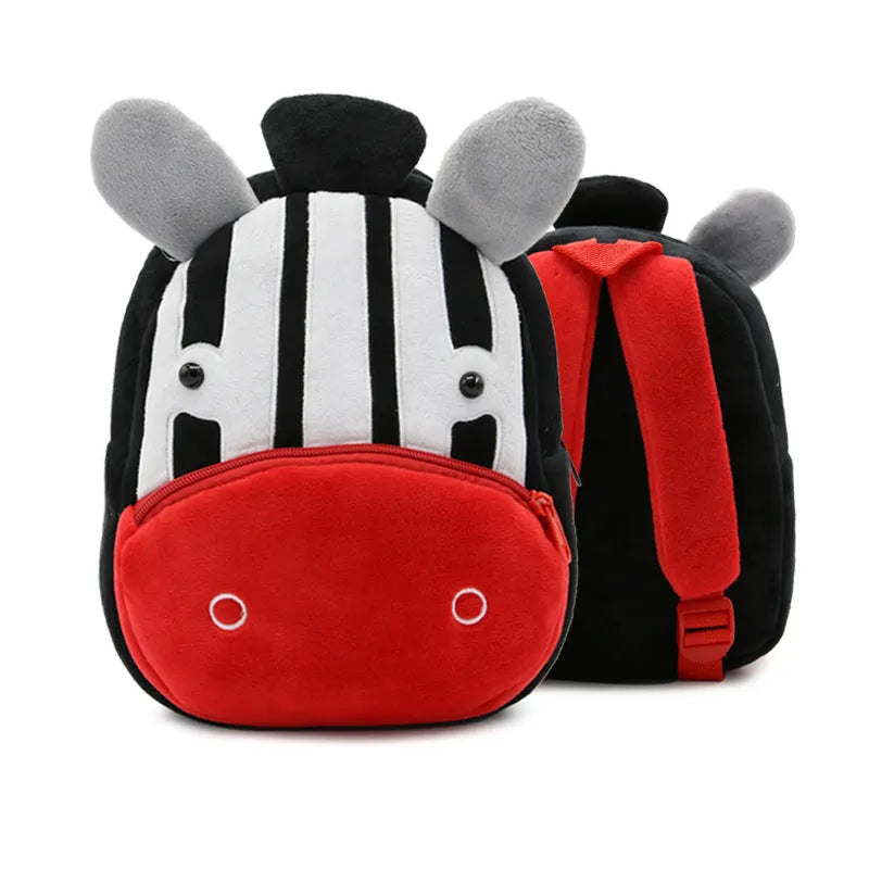 Cute plush animal backpack for children in elephant design, showing front zipper and straps.