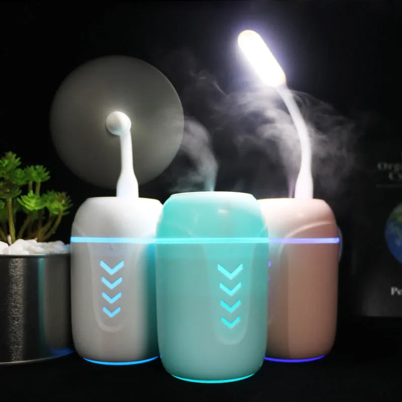 X3 portable car humidifier with columnar design in blue, pink or white colour options