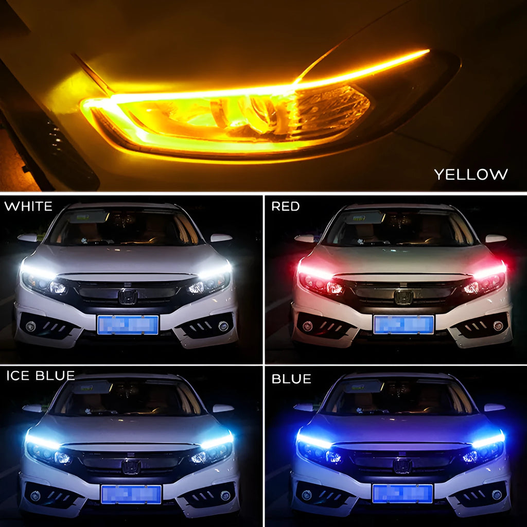 Car LED daytime running light strip in silicone waterproof casing with flowing turn signal effect