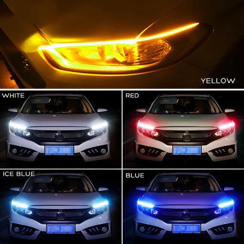 Car LED daytime running light strip in silicone waterproof casing with flowing turn signal effect