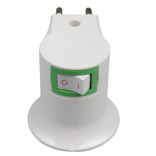 White plug-in E27 screw lamp holder with a built-in on/off switch on the front.