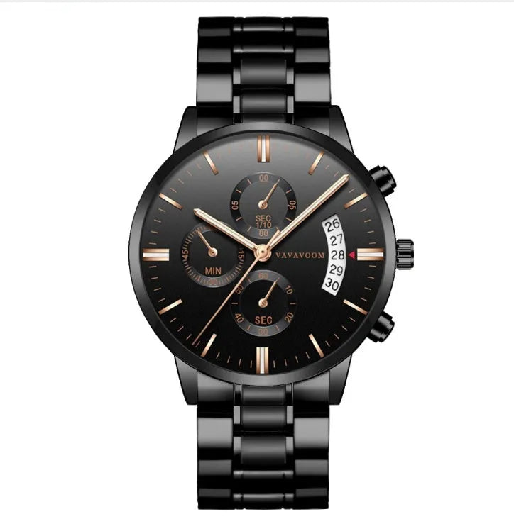Men's stainless steel watch with 43mm round dial, quartz movement and butterfly buckle in multiple colour variations