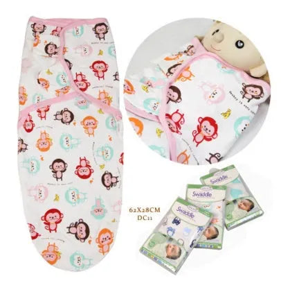 Cotton baby anti-startle swaddle wrap in blue with cartoon print, size 62x28 cm
