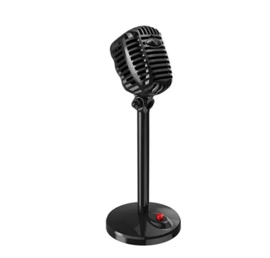 Black USB computer microphone on an adjustable stand with a foam windscreen.