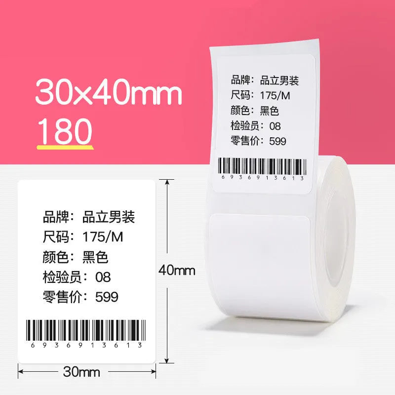 Thermal barcode paper labels with protective film on a roll, multiple size options from 30mm to 80mm, direct thermal printing.