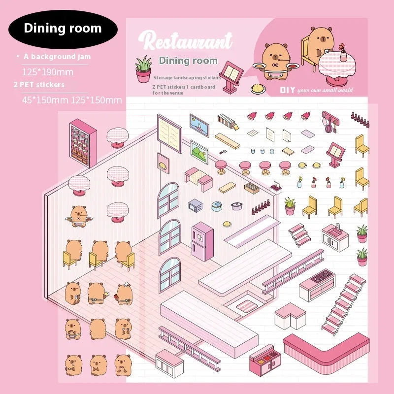 Capabala pre-cut PET cartoon sticker sheet in themes like pink restaurant and green bookstore.