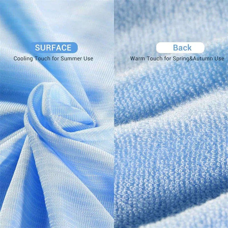 A blue polyester cooling blanket with Q-Max 0.4 technology laid on a bed.