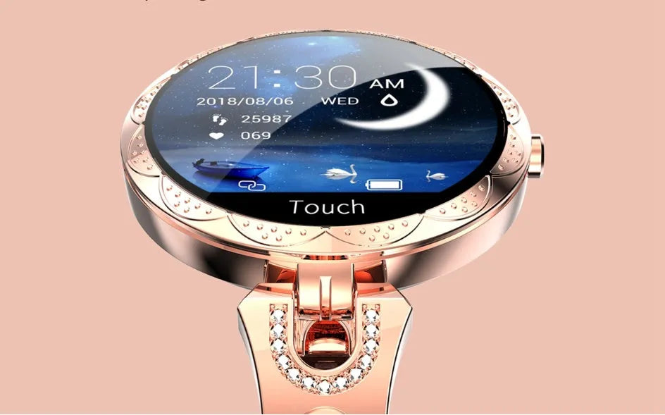 Rose gold women's smart watch with round dial, stainless steel strap, and 1.08-inch HD screen