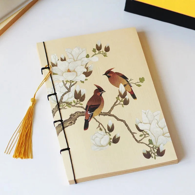 A5 antique wire-bound notebook with retro painting cover, wax rope binding, and tassels