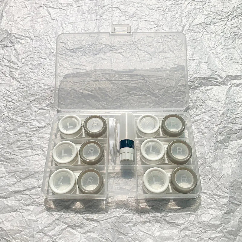 Portable rectangular contact lens case in various colours with a compact design.