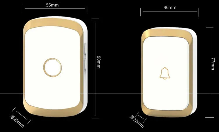 Wireless doorbell system with receiver unit and battery-operated transmitter showing colour options in black, white, gold, and silver finishes