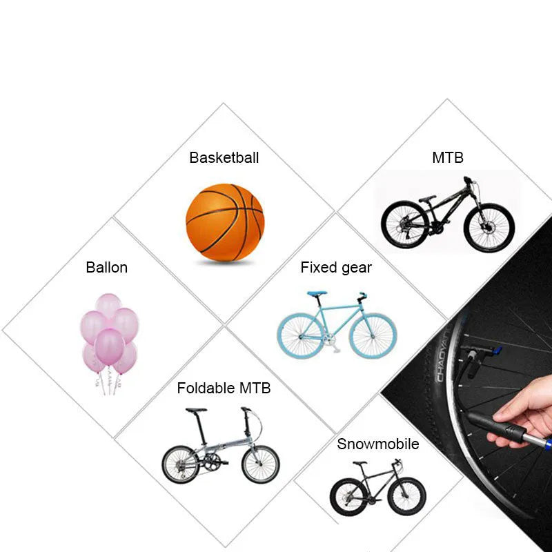 Black bicycle mini pump with round handle, 18cm length, 106g weight, on a wooden surface with bracket and mounting tape
