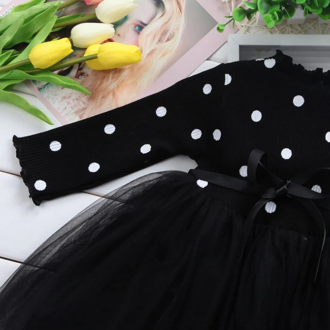 Baby girl's long sleeve black tutu lace dress for birthday parties and christenings.