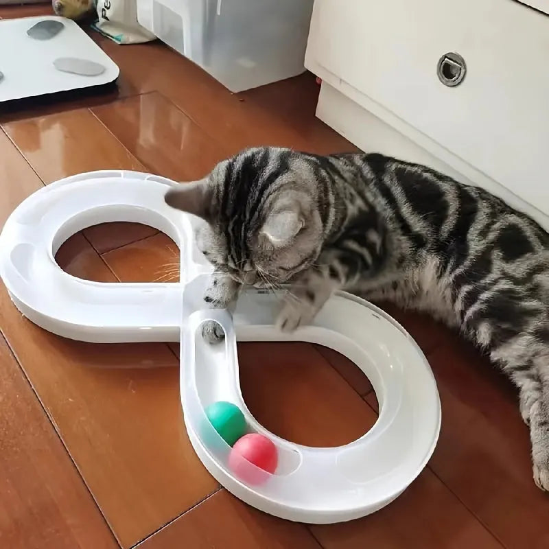 Blue and white cat turntable track ball activity centre with rotating spinner and puzzle feeder