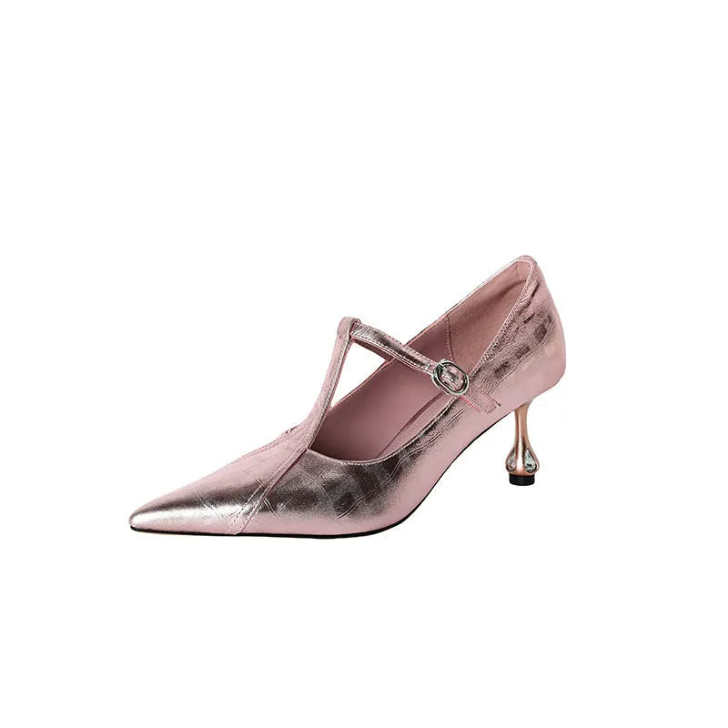 Women's genuine leather Mary Jane shoes with chunky mid heel in gun colour and pink