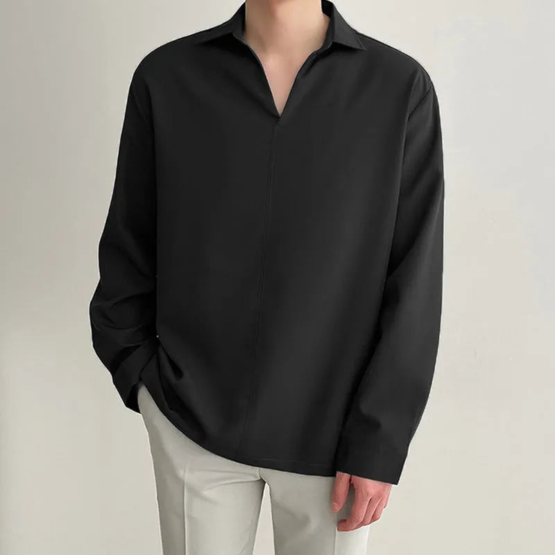 Men's loose lapels casual shirt in polyester fabric showing non-ironing properties and solid colour options