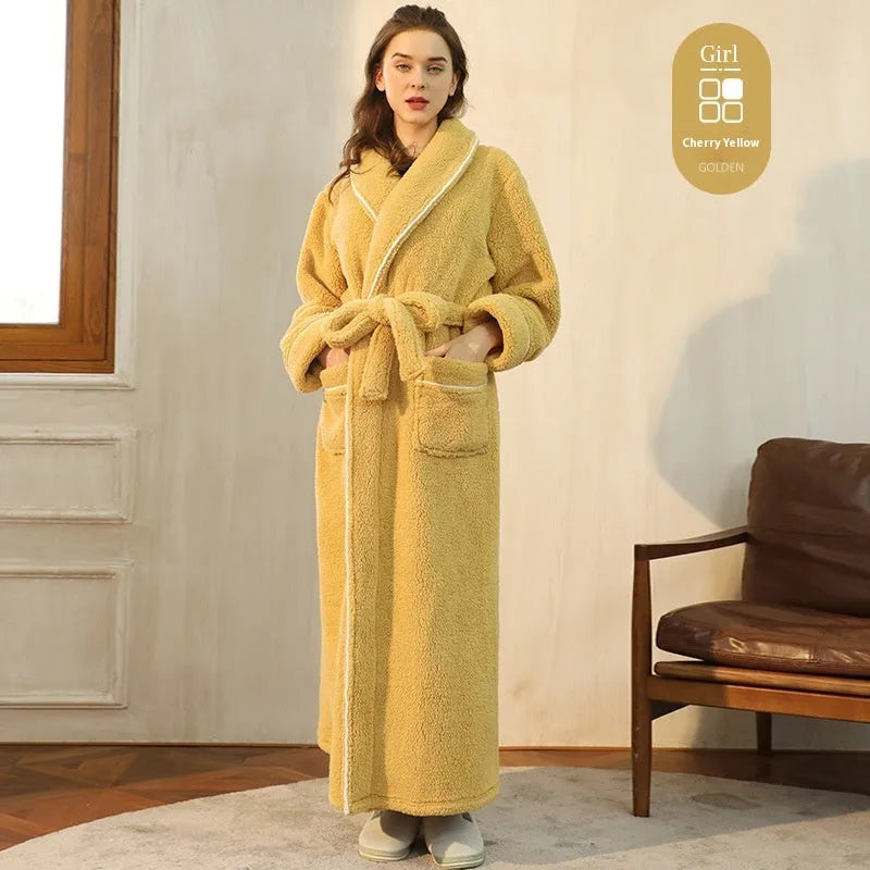 Men's and women's thick flannel bathrobe couple set in winter colours with extended plus sizing