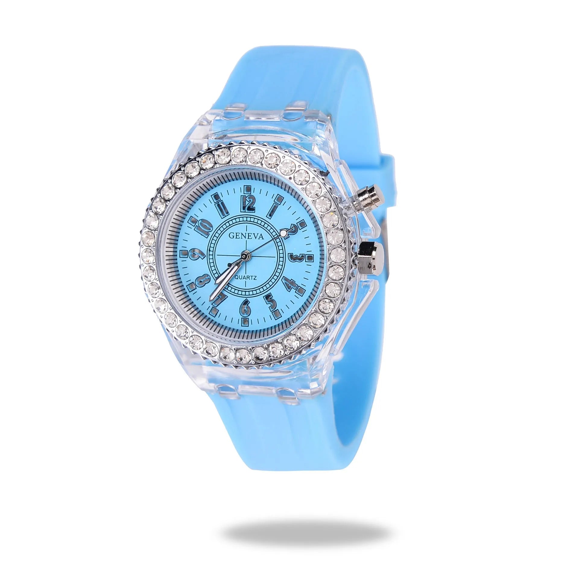 Women's luminous quartz watch with round 43mm alloy case and silicone strap in multiple colours