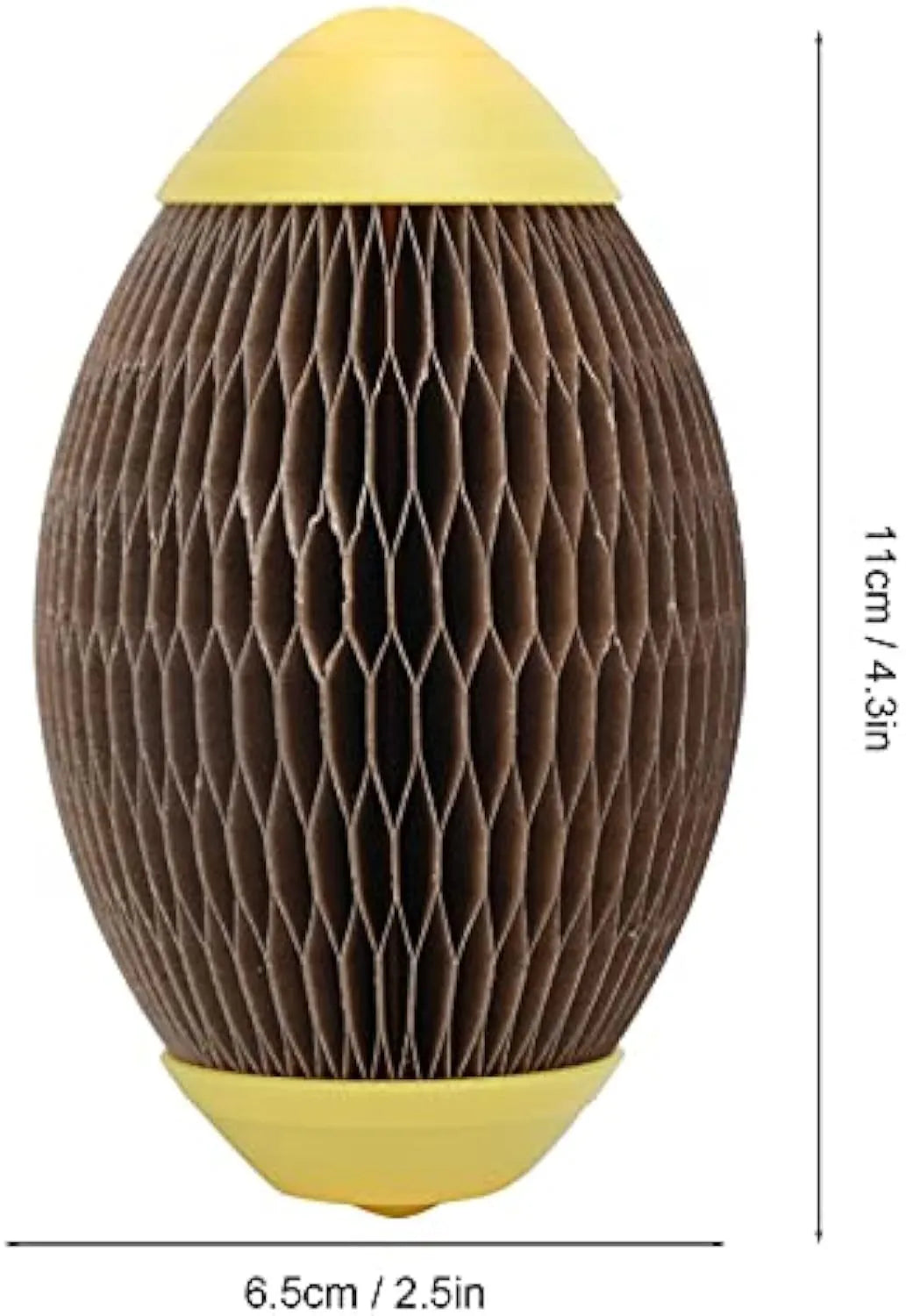 Ellipse-shaped corrugated paper catnip ball and scratch toy for cats on a plain background.