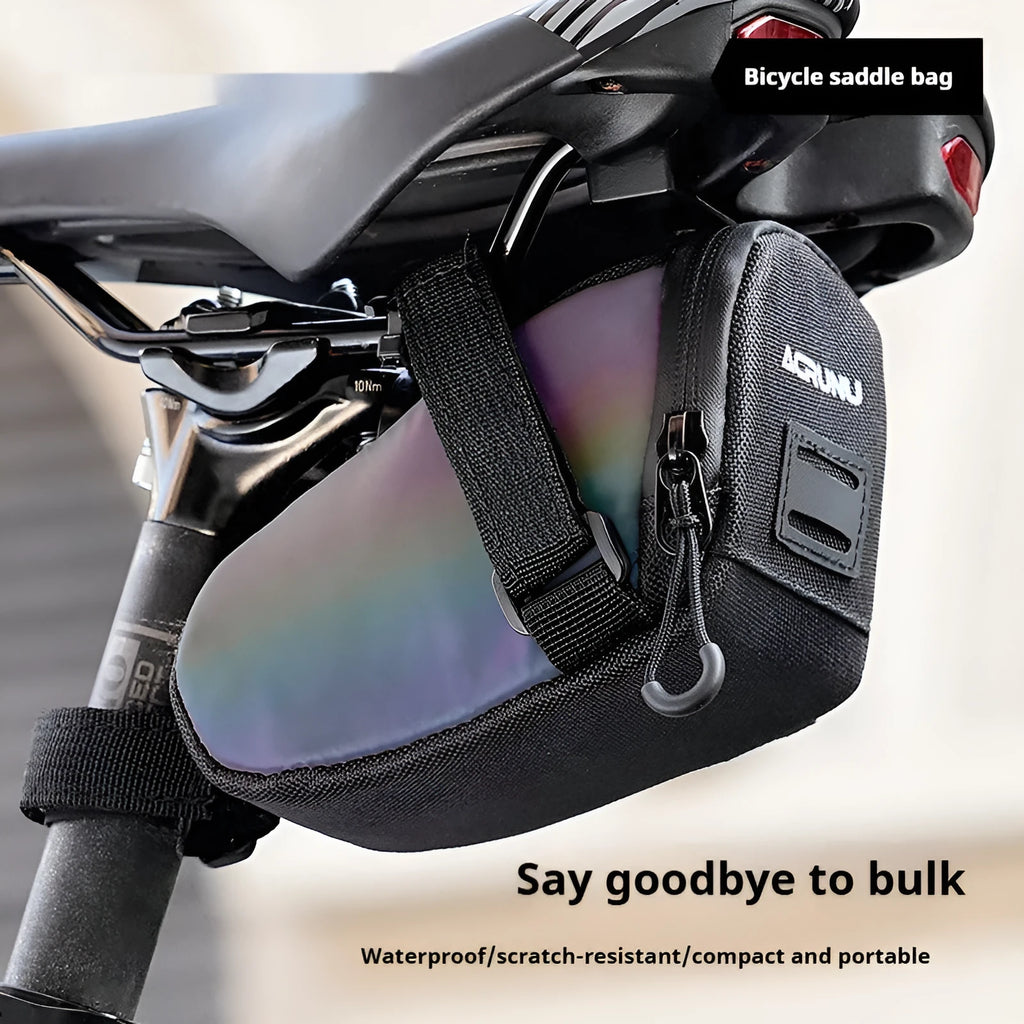 Bicycle waterproof rear bag with hanging taillight in black, 15x8x8cm capacity 1.5L, composite fabric, shows saddle attachment