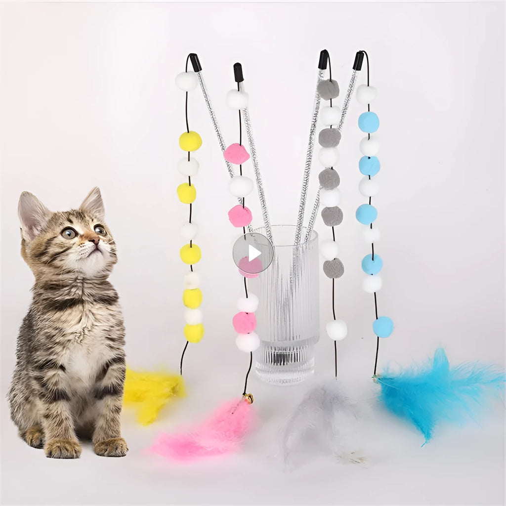 Blue cat teaser stick toy with a bell and a grey pompon feather, shown at approximate 31cm length.