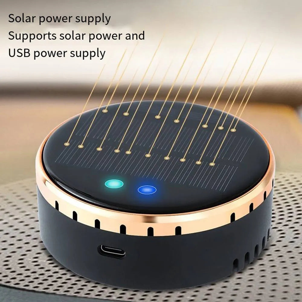 Black solar-powered car air humidifier mounted on a vehicle air conditioning vent.