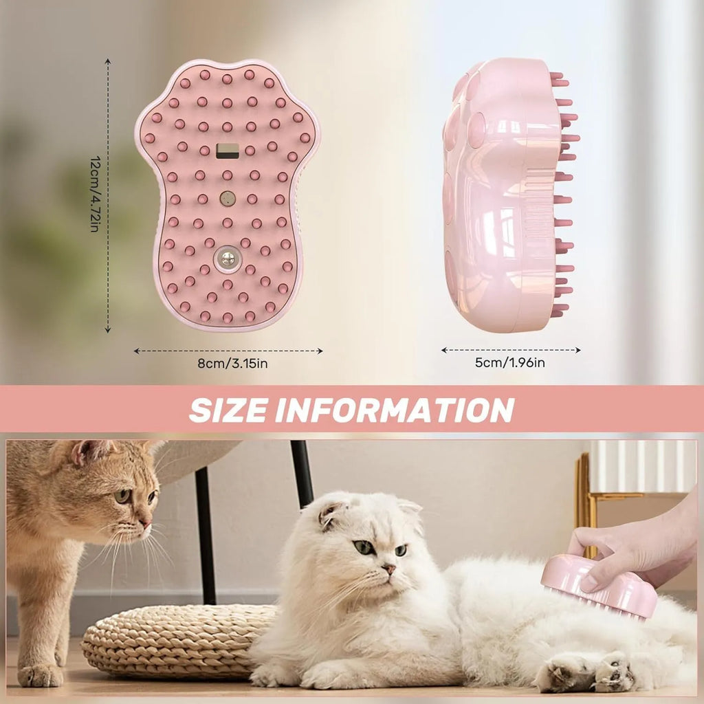 Blue self-cleaning cat grooming brush with silicone bristles and steam spray function on a pink background.