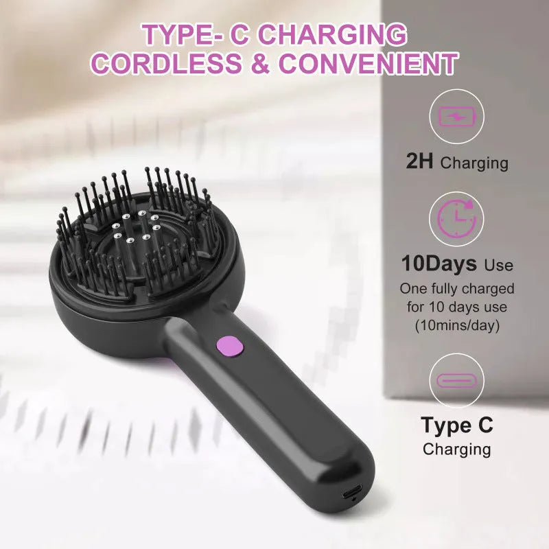 A black USB-powered hair brush massager with a mechanical two-speed switch on a grey background.