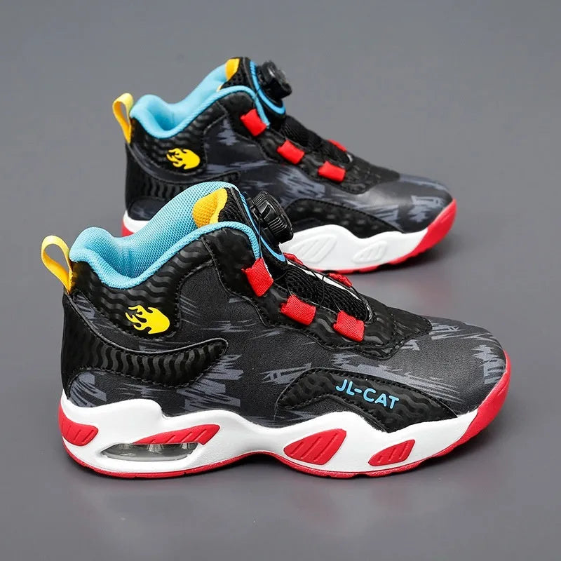 Children's rotating button closure basketball shoes in multiple colours with a PU sole.