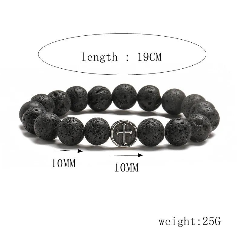 Volcanic rock colour agate bracelet with stainless steel geometry chain, showing 10mm bead size