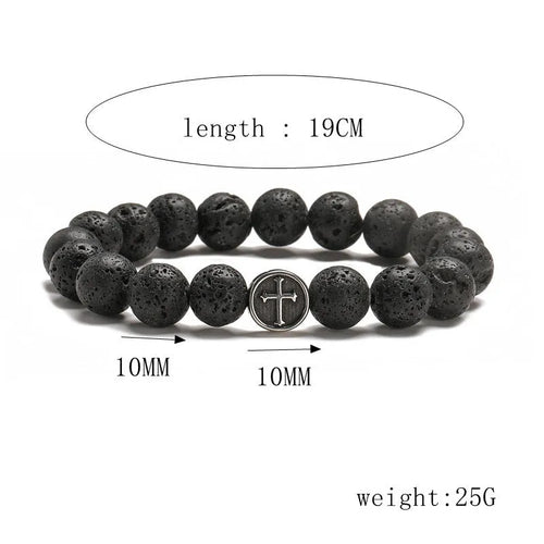 Volcanic rock colour agate bracelet with stainless steel geometry chain, showing 10mm bead size