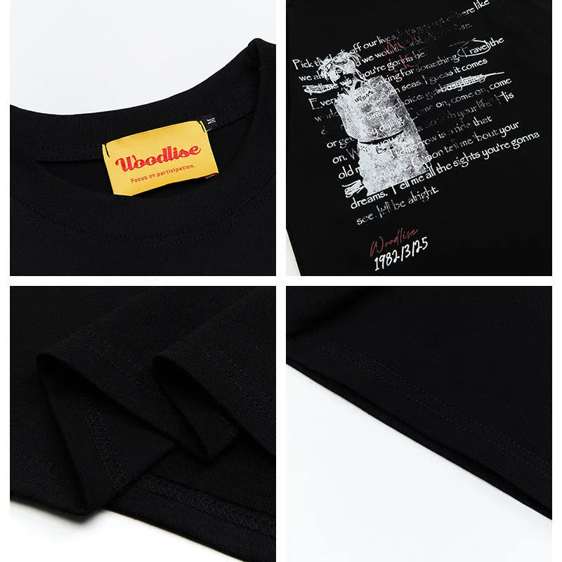 Men's black hip hop style cotton T-shirt with white letter printing and loose fit