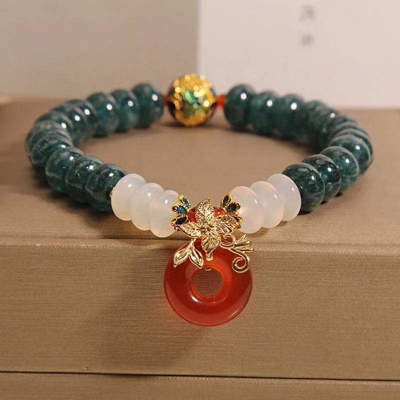 Blue jade abacus bead and red agate peace buckle crystal bracelet for women