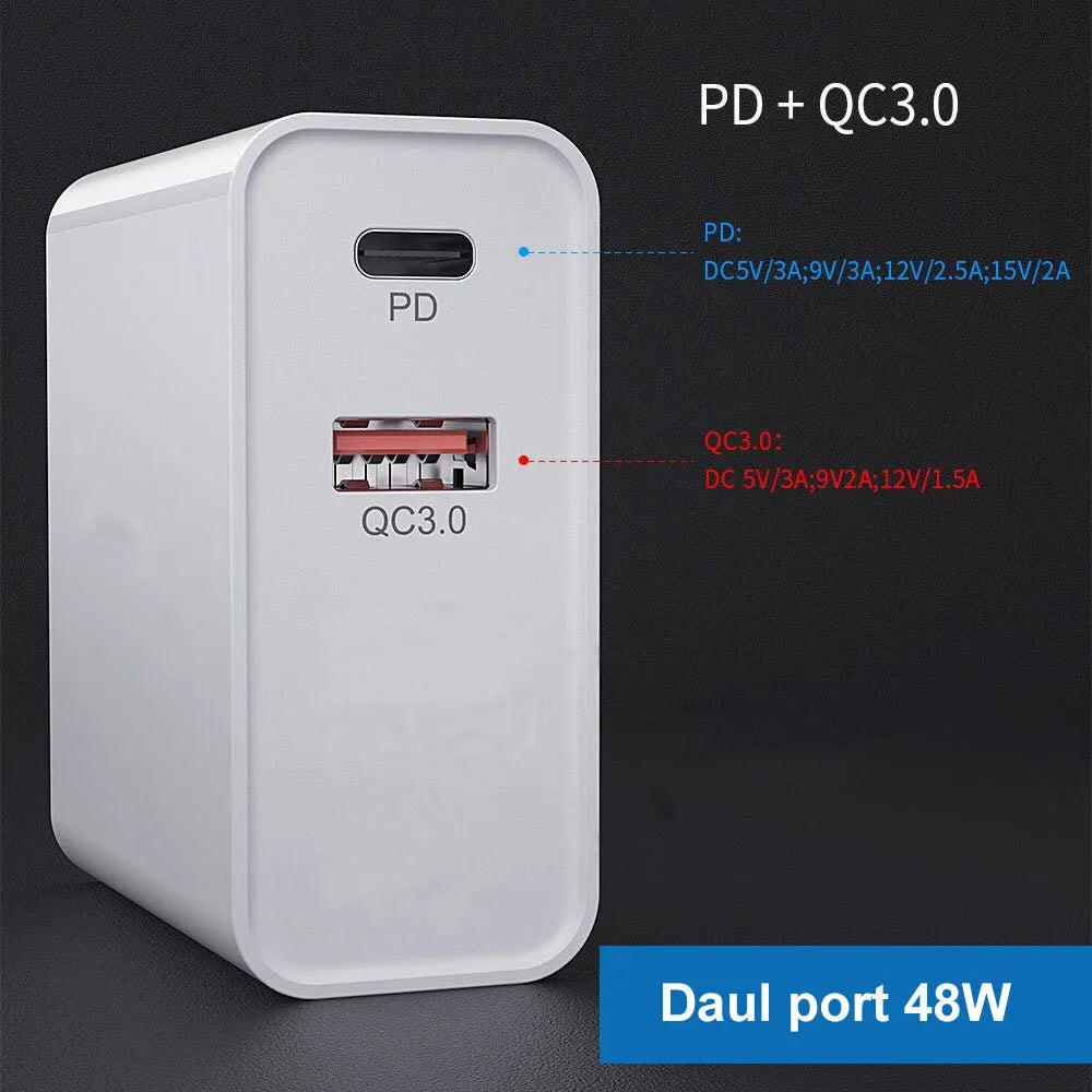 White and black multi-port fast charger with USB ports for PD and QC charging