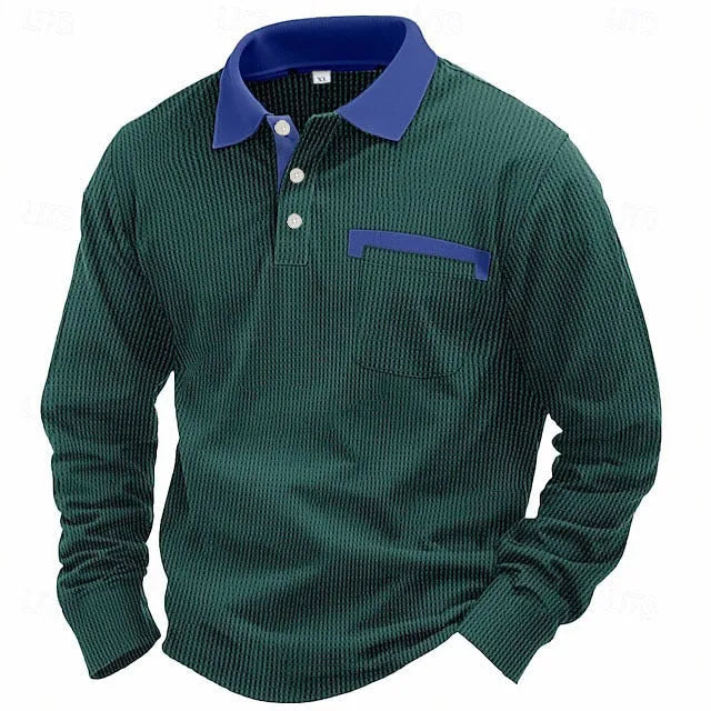 Man wearing a long-sleeved waffle-texture polo shirt in a solid colour with an asymmetric design detail.