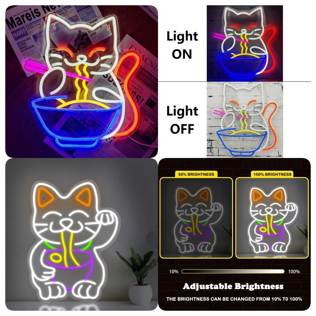 Lucky cat pet neon light board 8W adjustable brightness with animal zodiac design on desk