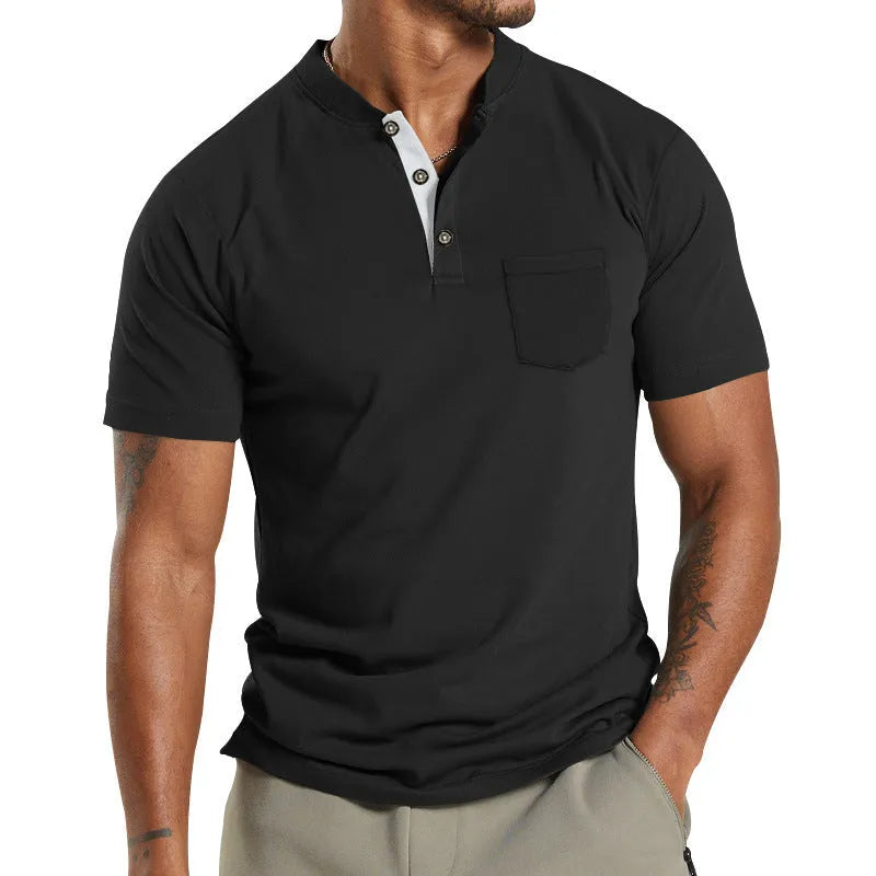 Plus size men's solid colour short sleeve polyester shirt with a button chest pocket.