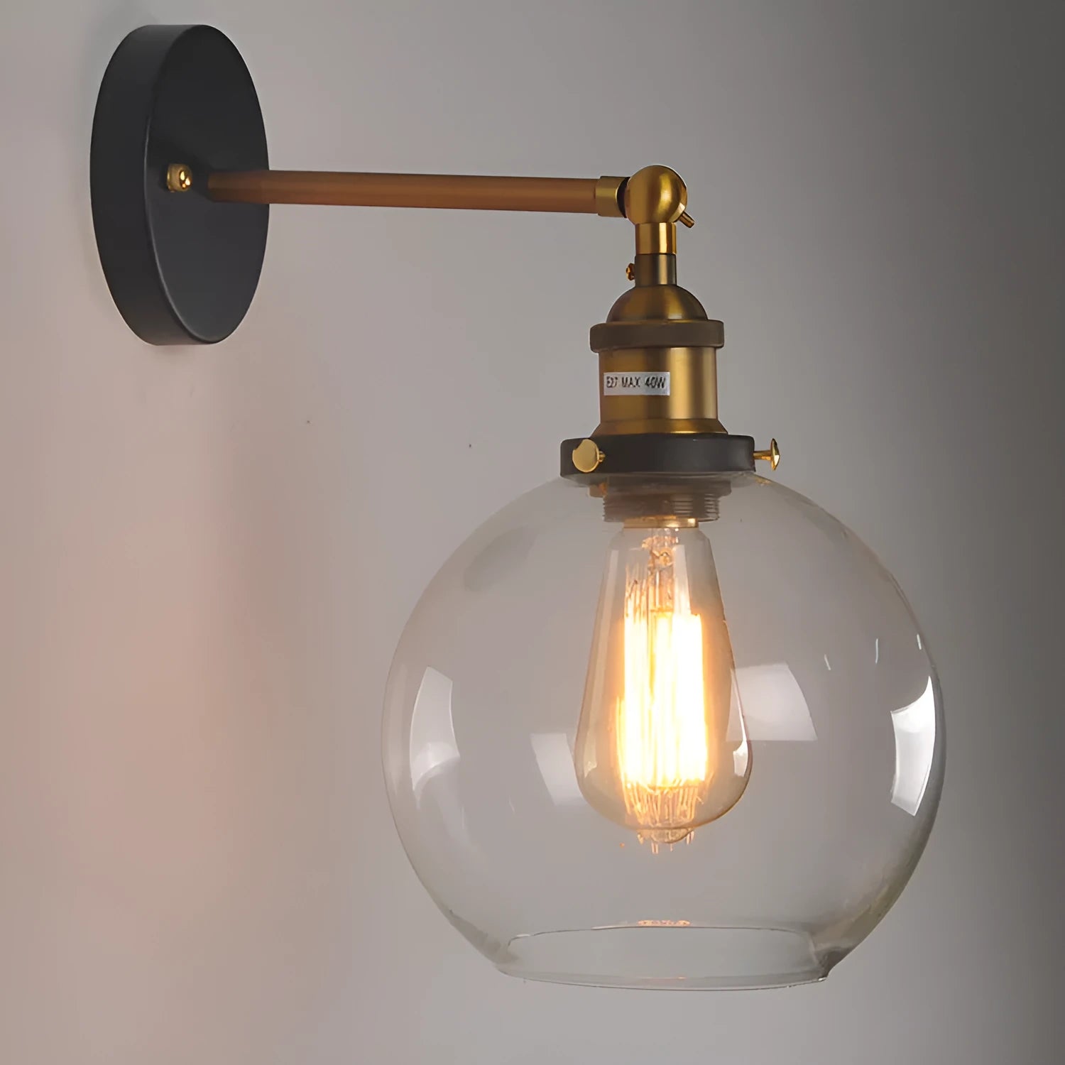 20cm round retro glass wall lamp with aluminium fitting and E27 bulb socket